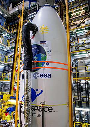 Close-up of rocket components at the European Space Agency.