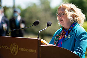 Tatiana Valovaya, Director-General of the United Nations Office at Geneva addresses during the Commemoration of the International Day of United Nations Peacekeepers.